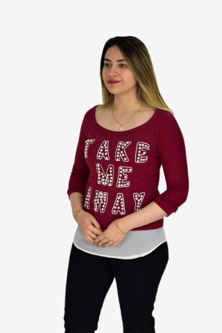 Kadın Boncuk İşli Kayık Yaka Sweat BRG-37415