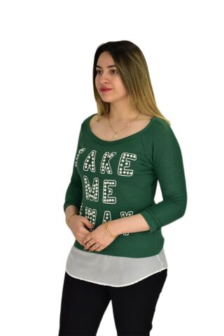 Kadın Boncuk İşli Kayık Yaka Sweat BRG-37415