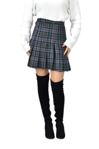 Kadın Ekose Kolej Etek Yeşil Füme KIZMESL-48