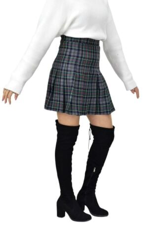 Kadın Ekose Kolej Etek Yeşil Füme KIZMESL-48