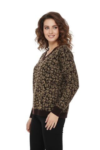 Kadın V Yaka Leopar Desen Sakallı Triko Kazak BGL-ST05079