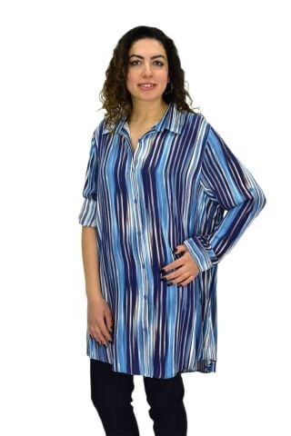 Kadın Mavi Çizğili Kol Kıvırmalı Tunik BGL-ST02105