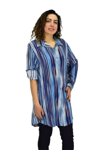Kadın Mavi Çizğili Kol Kıvırmalı Tunik BGL-ST02105