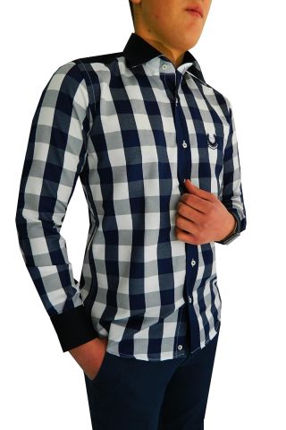 Erkek Silim Fit Dirsek Yamalı Ekose Gömlek ARI1472