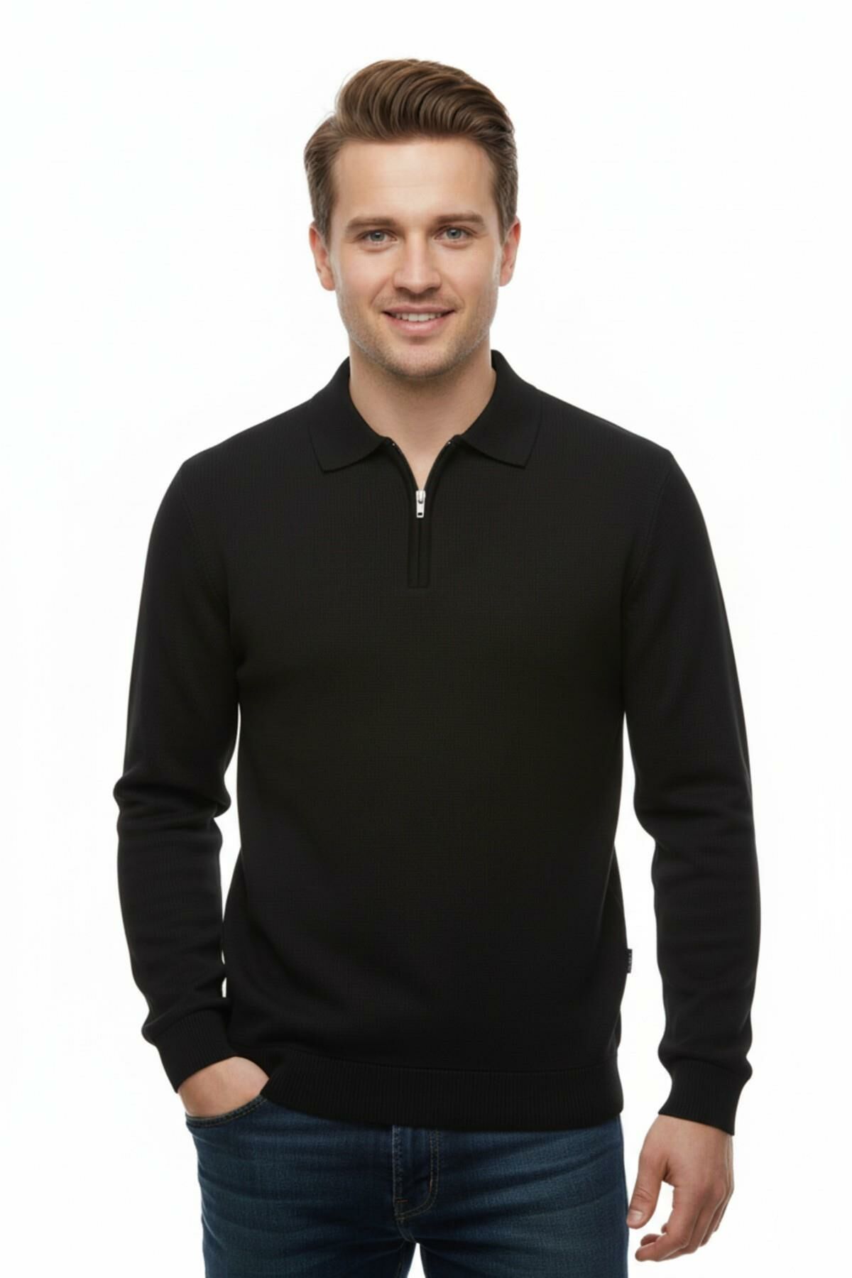 Erkek Polo Yaka Fermuarlı Triko Kazak Regular Fit  7001 BGL-ST04921