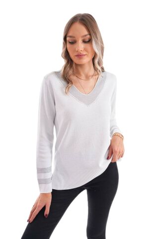 Kadın V Yaka Kol Yaka Simli Kazak 12785 BGL-ST04223