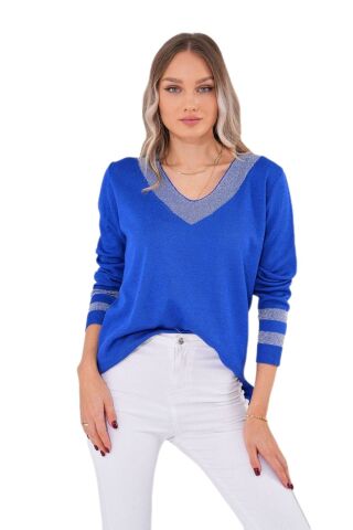 Kadın V Yaka Kol Yaka Simli Kazak 12785 BGL-ST04223