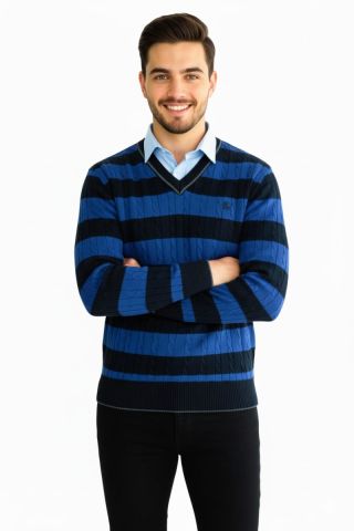 Erkek V yaka Çizgili Triko Kazak 5002T