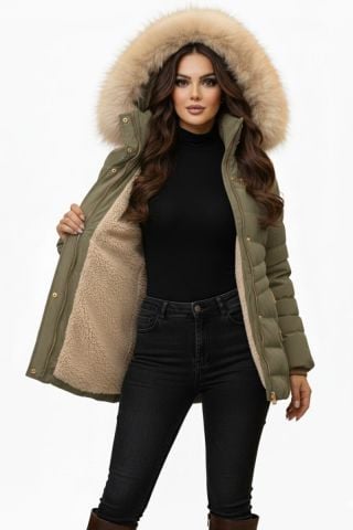 Kadın Büyük Beden Spor Kapüşonlu İçi Peluş Mont  M5306 BGL-ST04892