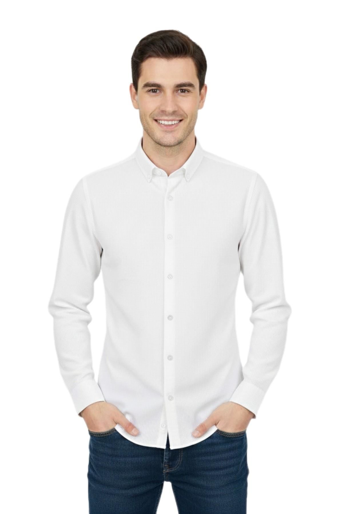 Erkek Spor Slim Fit Uzun Kol Petek Dokulu Gömlek BGL-ST04823