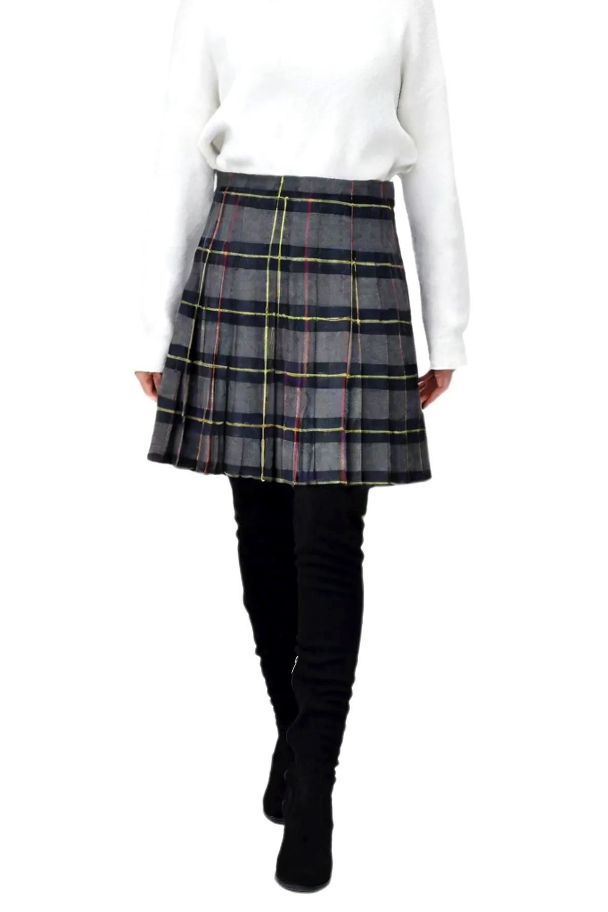 Kadın Ekose Kolej Etek Gri Lacivert ATATURK-38