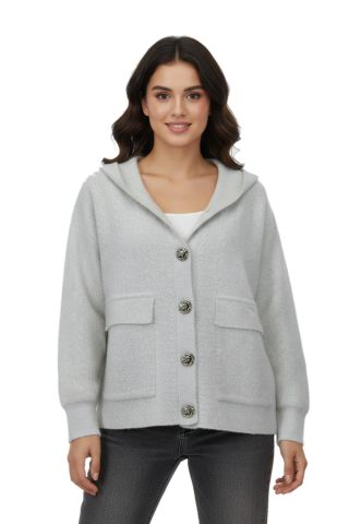 Kadın Kapüşonlu Spor Düğmeli Triko Torba Cep Sakallı Hırka BGL-ST05074