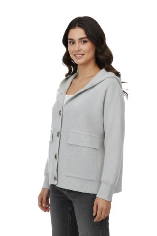 Kadın Kapüşonlu Spor Düğmeli Triko Torba Cep Sakallı Hırka BGL-ST05074