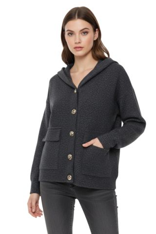 Kadın Kapüşonlu Spor Düğmeli Triko Torba Cep Sakallı Hırka BGL-ST05074