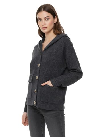 Kadın Kapüşonlu Spor Düğmeli Triko Torba Cep Sakallı Hırka BGL-ST05074