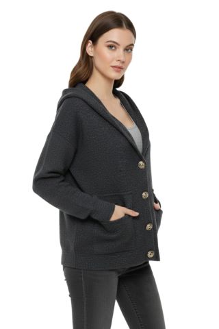 Kadın Kapüşonlu Spor Düğmeli Triko Torba Cep Sakallı Hırka BGL-ST05074