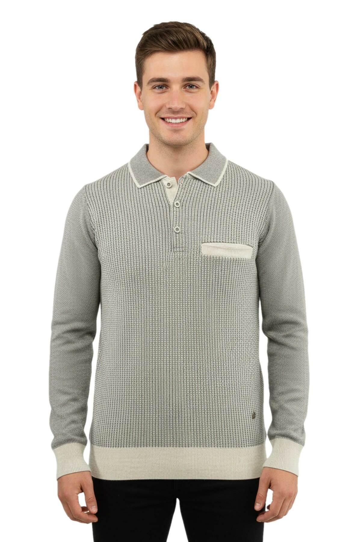 Erkek Polo Yaka Kazak Cepli Çelik Örgü Klasik Kalıp 5208F BGL-ST04963