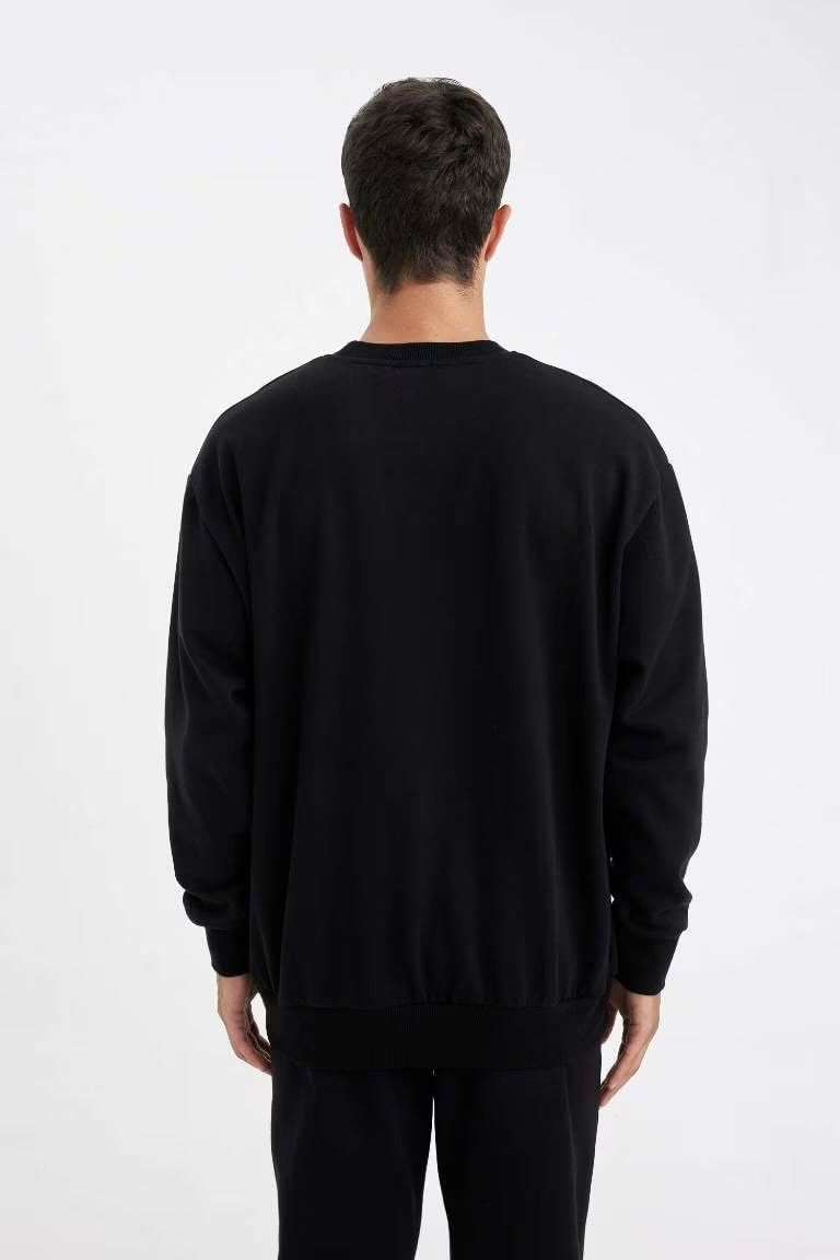 Erkek Siyah Oversize Fit Bisiklet Yaka Kalın Kumaş Basic Düz Sweatshirt