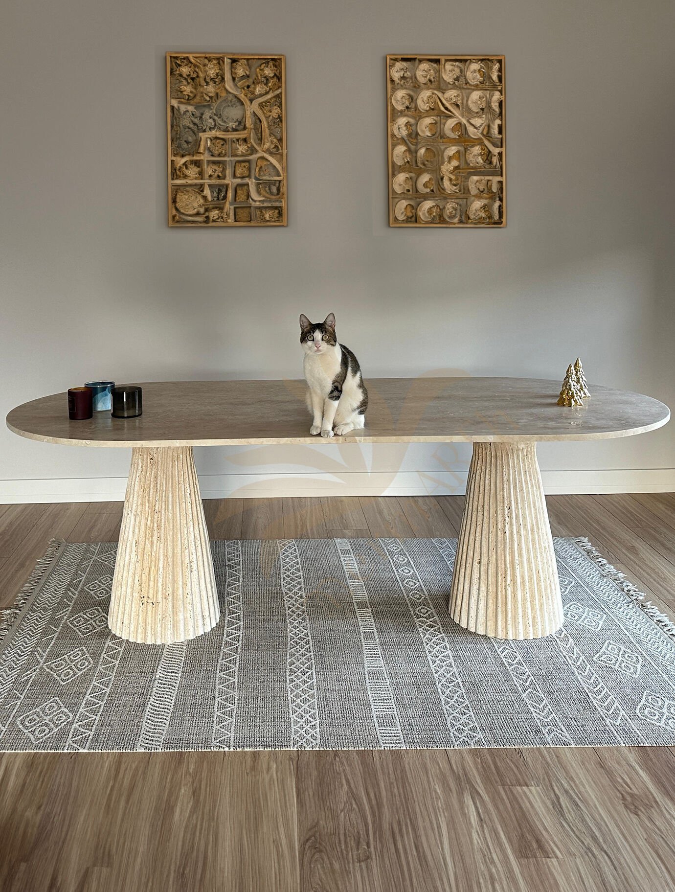 Slatted Conical Leg Travertine Dining Table