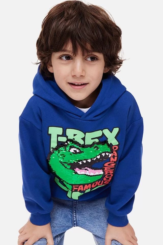 Trex Dinozorlu Kapüşonlü Çift Yönlü Pullu Sweatshirt