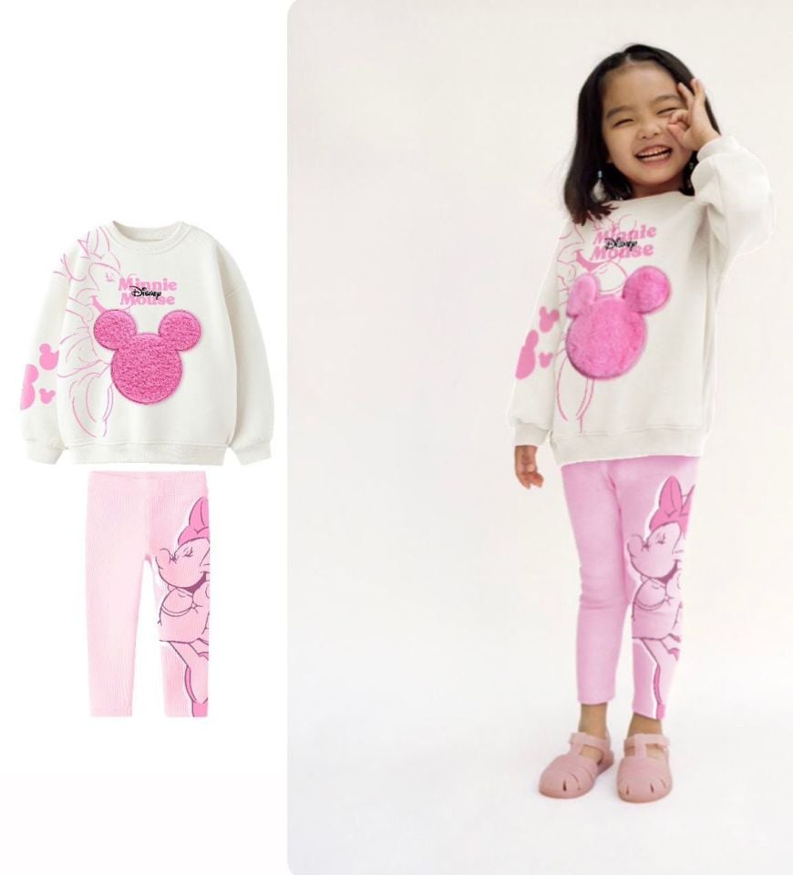 Minnie Mouse İşlemeli Yumoş Pembe  Taytı Takım