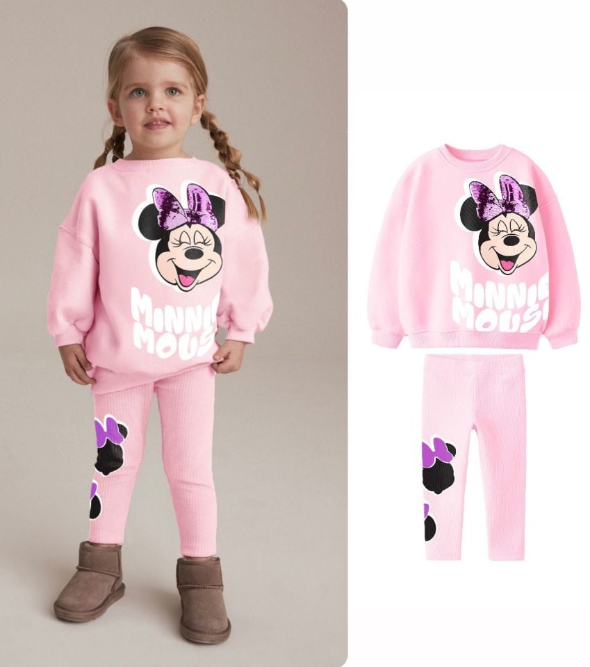 Pembe Minnie Mouse Payet Detaylı Taytlı Takım