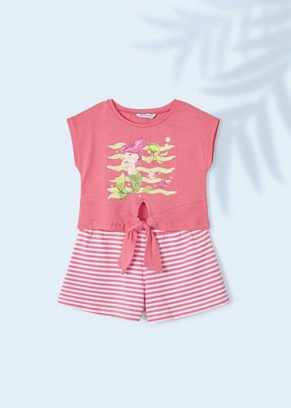 Pembe Denizkızı Baskılı Şortlu Crop Takım