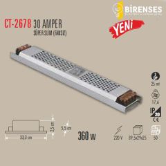 CATA CT-2678 30 Amper Şerit Led Trafosu (360W) (Süper Slim Fansız)