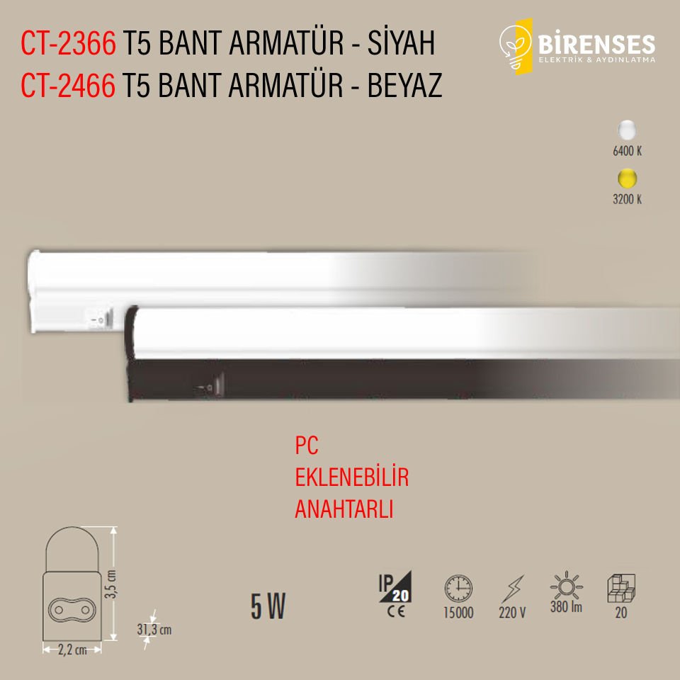 CATA CT-2366G 5W T5 Ledli Bant Armatür Siyah Kasa Günışığı