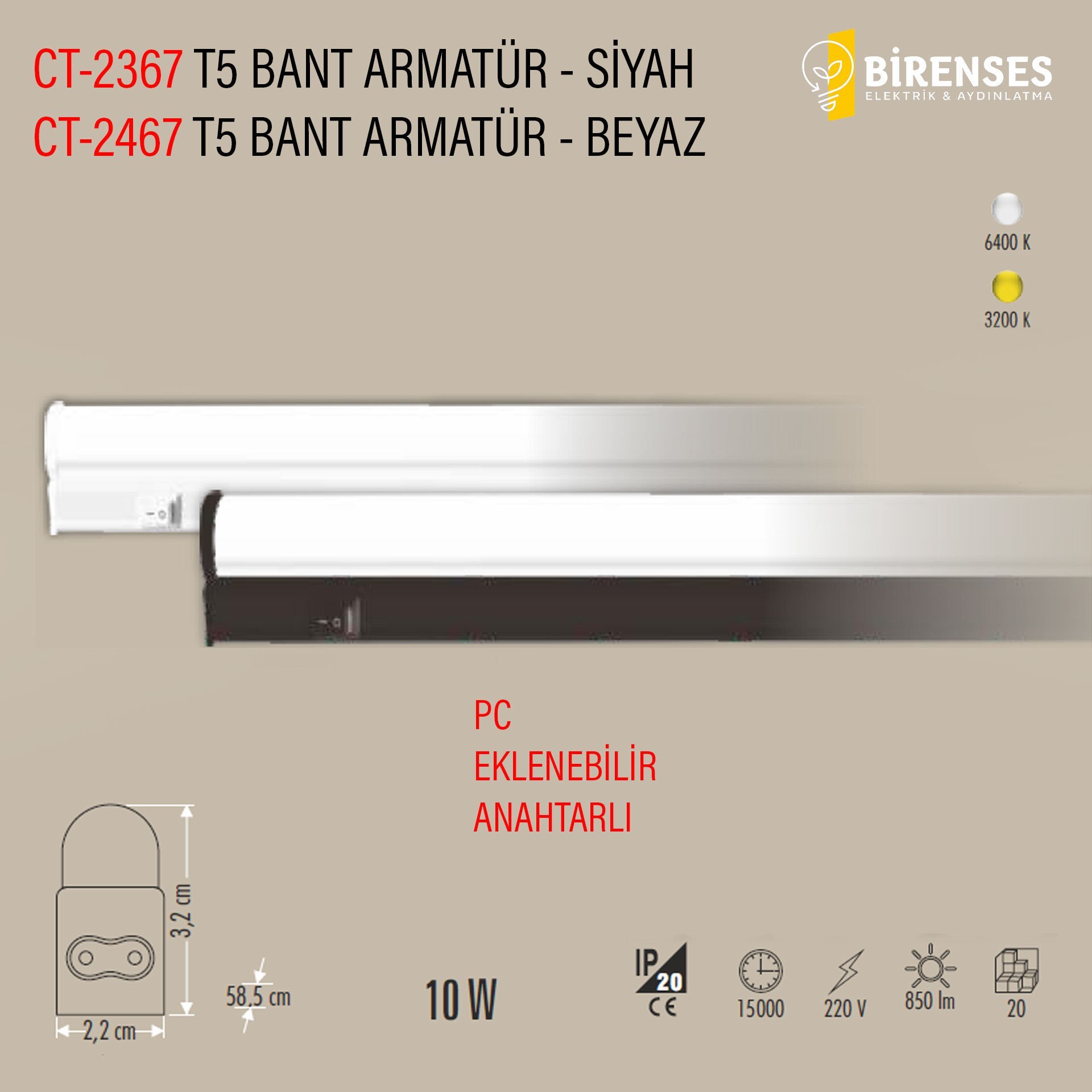 CATA CT-2367G 10W T5 Ledli Bant Armatür Siyah Kasa Günışığı