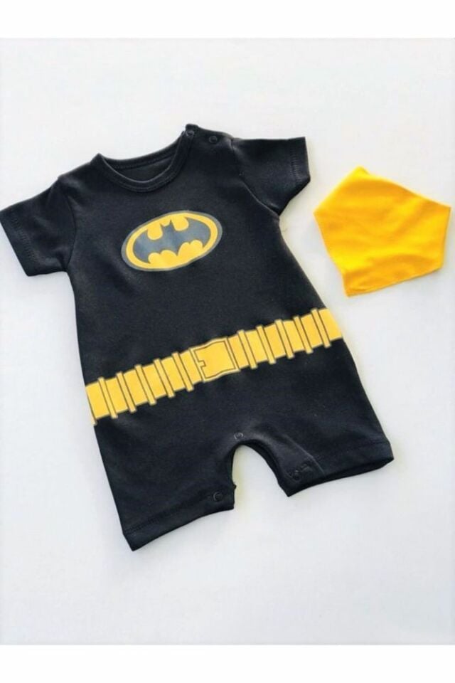 Baby Boss Batman Desenli Ağız Mendilli Kısa Kollu Tulum Siyah