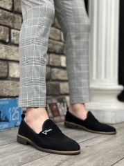 CLZ946 Süet Püsküllü Corcik Siyah V Fashıon Tokalı Klasik Erkek Ayakkabısı