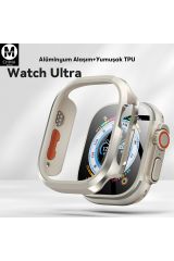 Newface Apple Watch Ultra 49mm Movenchy MO-WT3 Alüminyum Camlı Kasa Ekran Koruyucu - Gold