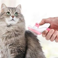 BUFFER® Kedi Köpek Tüy Toplayıcı Kendini Temizleyebilen Ergonomik Saplı Evcil Hayvan Tarağı Pembe