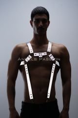 CLZ41 Reflektörlü (Karanlıkta Parlayan) Erkek Göğüs Harness, Reflektörlü Pantolon Askısı, Clubwear - Ürün Rengi:Beyaz Reflektör