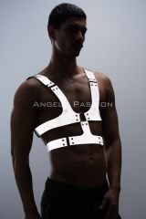 CLZ41 Reflektörlü (Karanlıkta Parlayan) Sert Göğüs Harness, Gay Harness Aksesuar, Gay Giyim - Ürün Rengi:Beyaz Reflektör