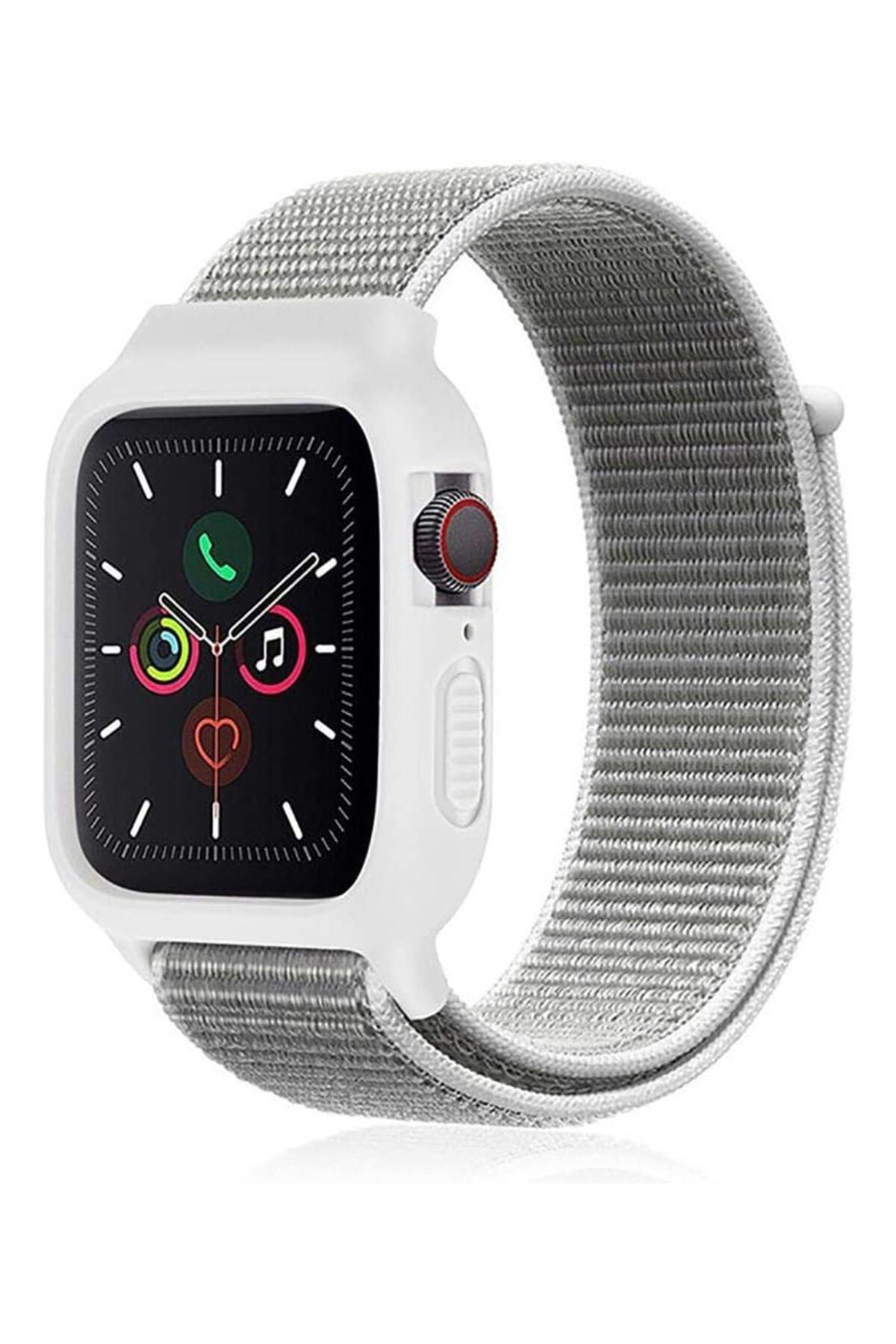 Newface Apple Watch 42mm Hasırlı Cırtcırtlı Kasalı Kordon - Beyaz