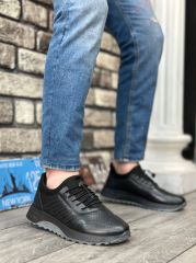 CLZ946 Hakiki Deri Rahat Taban Ayarlanabilir Lastik Bağcıklı Siyah Casual Erkek Ayakkabı