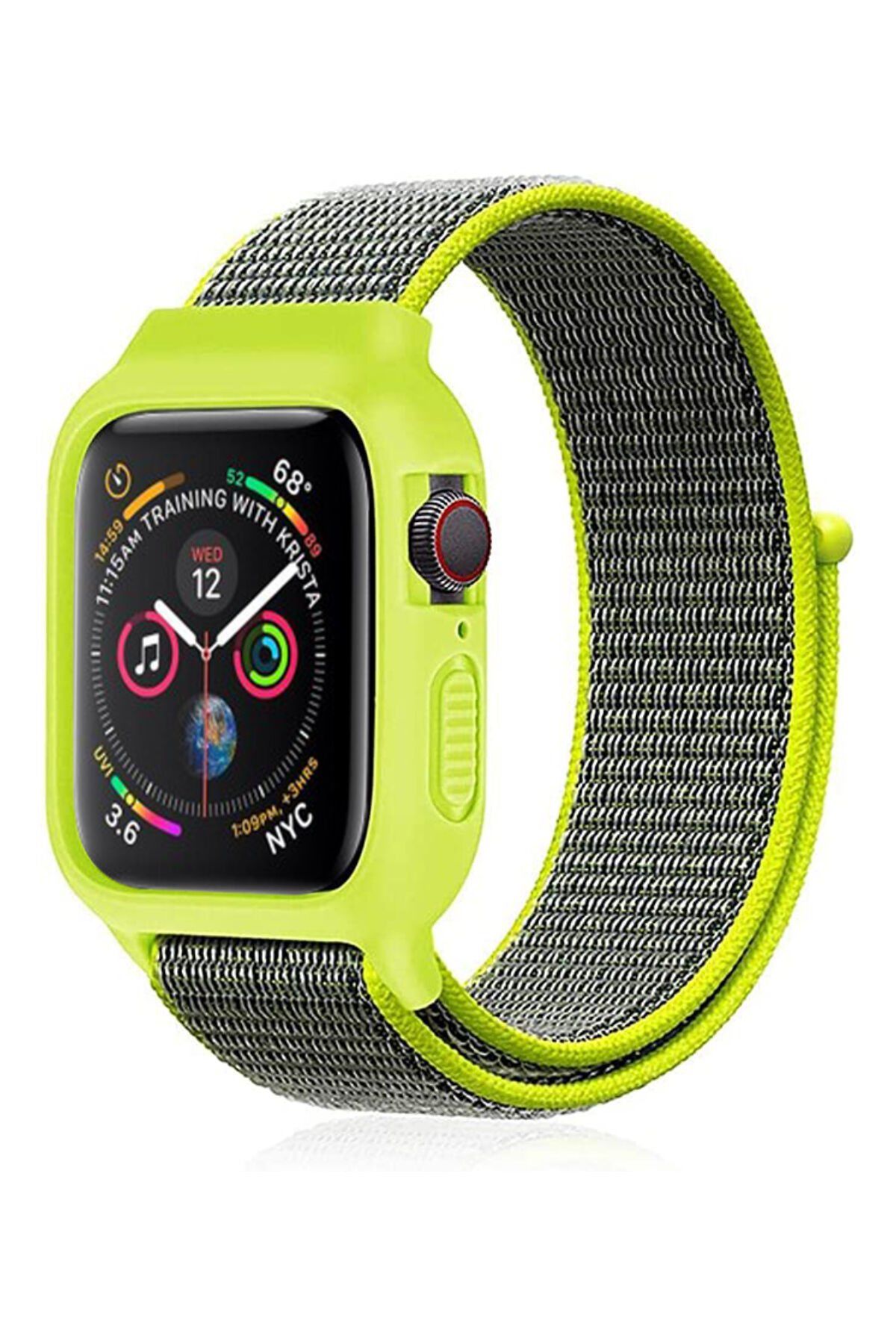 Newface Apple Watch 44mm Hasırlı Cırtcırtlı Kasalı Kordon - Yeşil