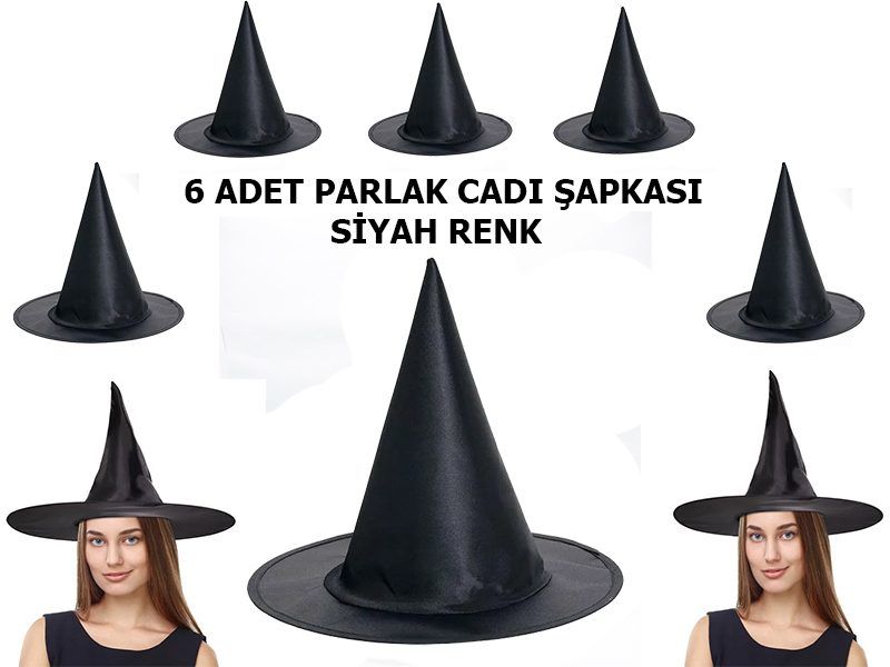 CLZ192 Halloween Siyah Renk Parlak Dralon Cadı Şapkası Yetişkin ve Çocuk Uyumlu 6 Adet (4172)