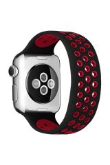 Newface Apple Watch 44mm Ayarlı Delikli Silikon Kordon - Siyah-Kırmızı