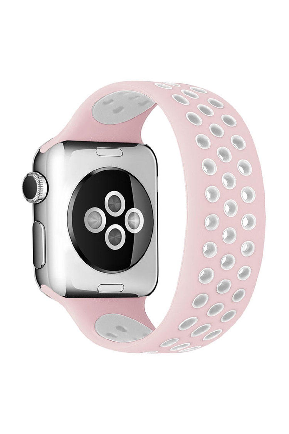 Newface Apple Watch 45mm Ayarlı Delikli Silikon Kordon - Pembe-Beyaz