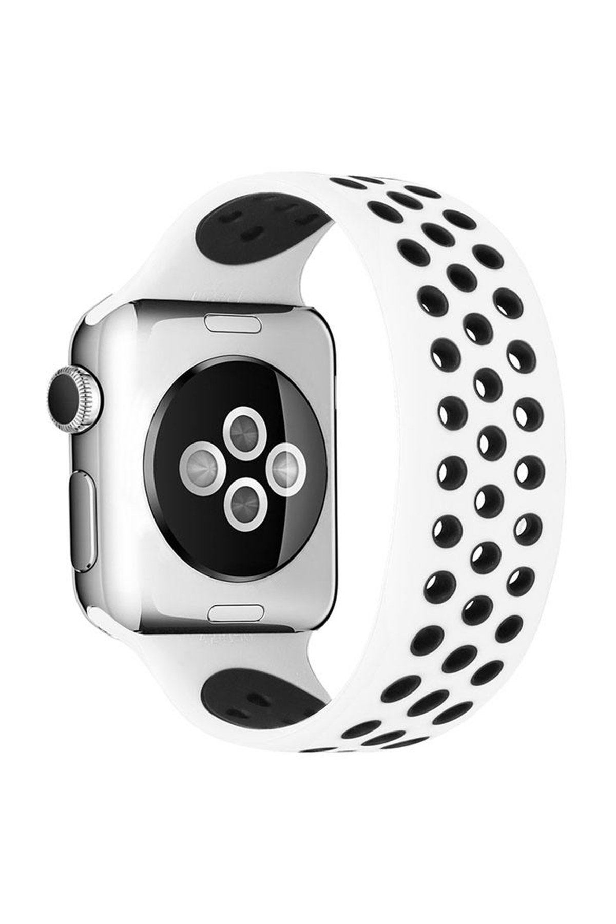 Newface Apple Watch 38mm Ayarlı Delikli Silikon Kordon - Beyaz-Siyah