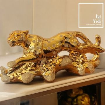 Jules Parlak Taşlı Gold Leopar Heykeli Simli ve Çiçek Figürlü Lüks Dekoratif Obje Ofis Ev Hediyesi Salon Dekoru