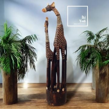 Giraffes Ahşap Yaylı Kafa 95 cm 2'li Zürafa Heykeli Büyük Dekoratif Objeler Otantik Hediyelik Eşyalar Ev Ofis Dekorasyonu