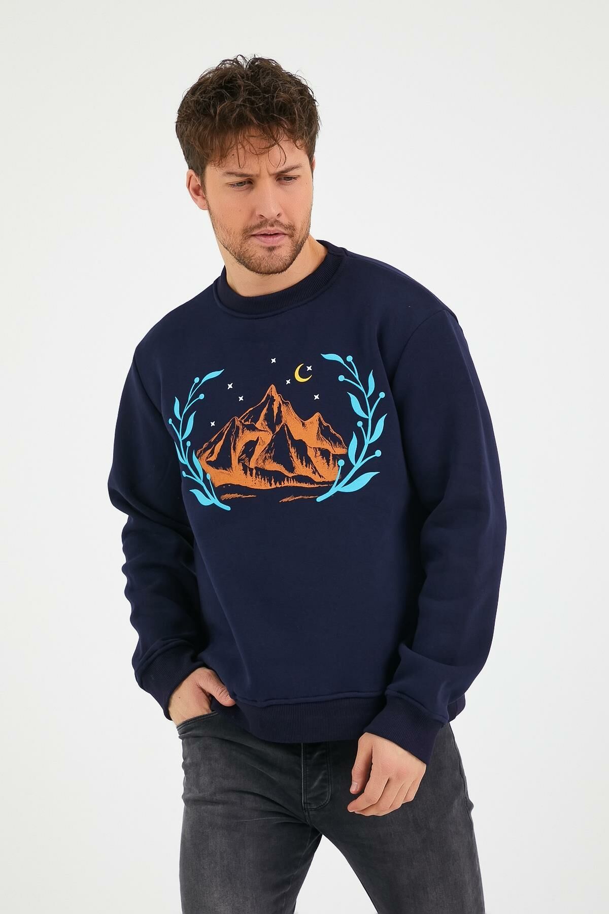 North Trace Seasonal Erkek Sweatshirt ( Dağ Baskılı ) LACİVERT - 2XL