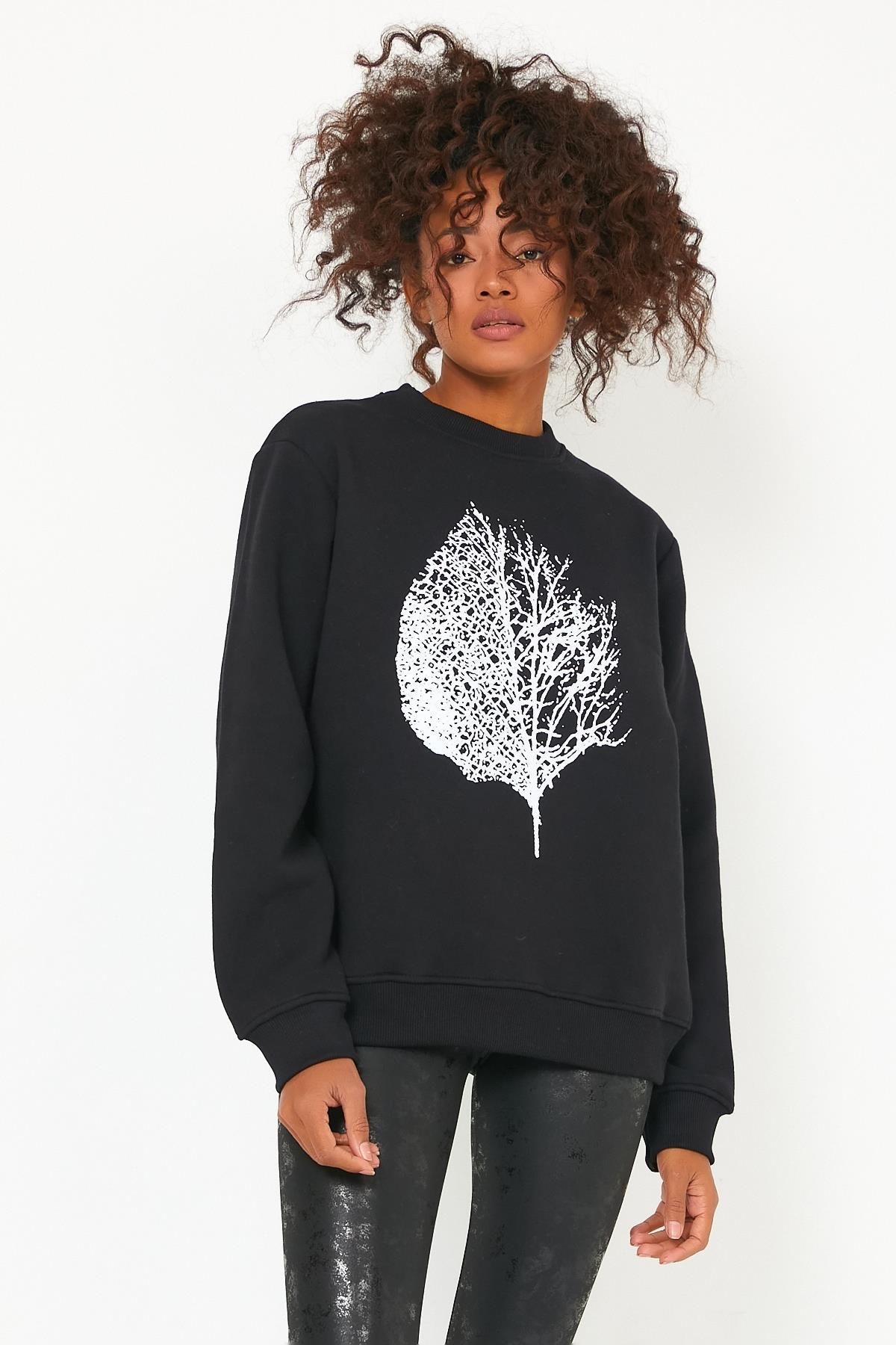 North Trace Seasonal Kadın Sweatshirt ( Yaprak Baskılı ) SİYAH - XL