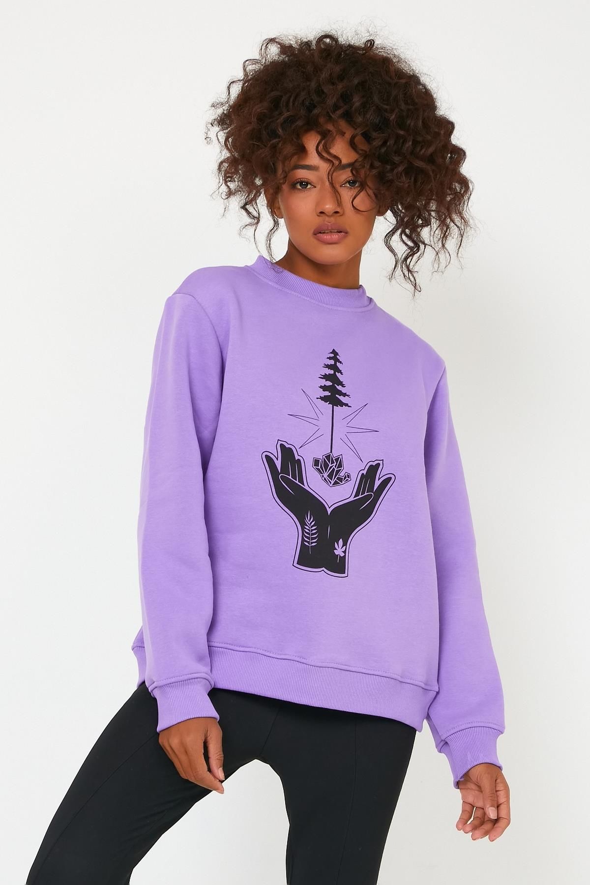 North Trace Seasonal Kadın Sweatshirt ( El-Ağaç Baskılı ) L - LİLA