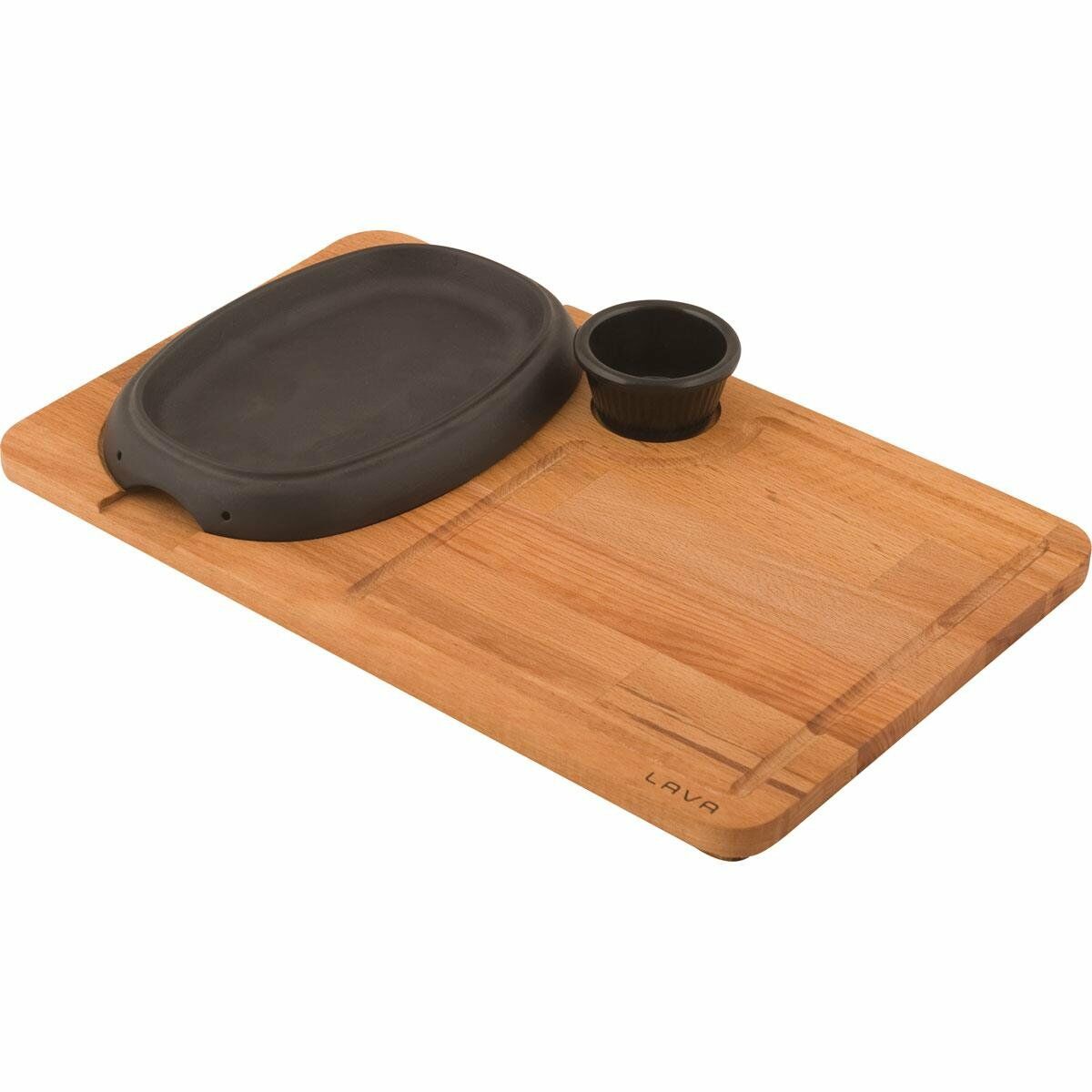 Lava Döküm Oval Fajita Tabağı Kayın Servis Ahşabı Ölçü 12x19cm. (Sos kapları dahil değildir.)