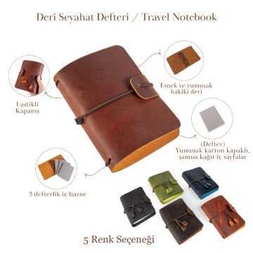 Orta Boy Deri Defter Kılıfı & Defteri /  Travel Notebook - Seyahat Defteri - 12x15 cm